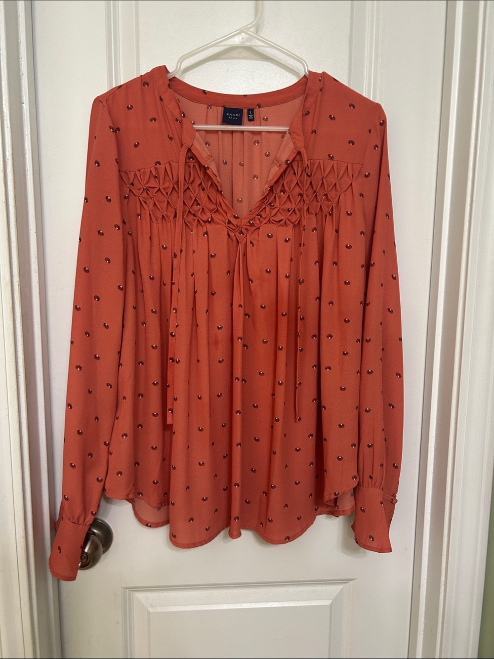 Kaari Blue Rust Dot Smocked Peasant Blouse